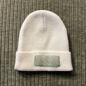 New Caden Lane White Knit Newborn Beanie with Personalized Name Patch